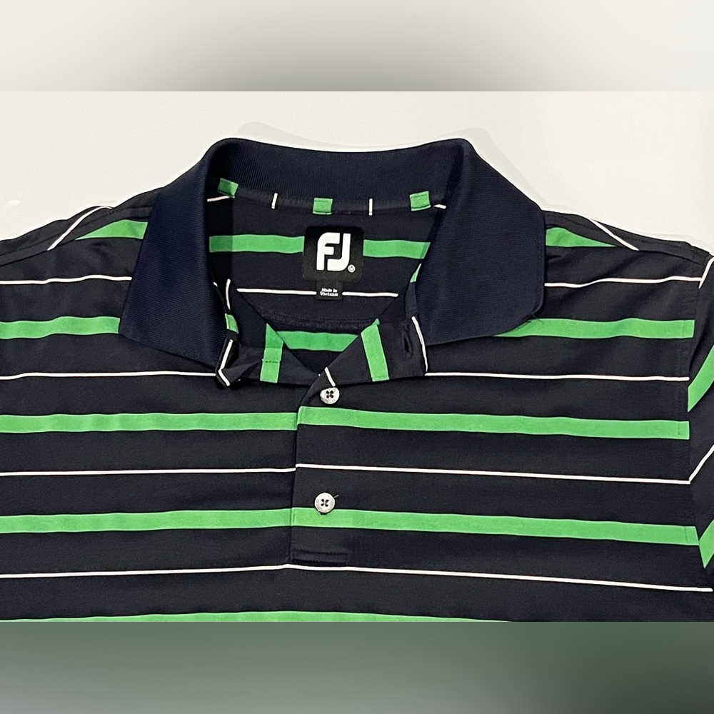 FootJoy Navy Green Striped Golf Polo Shirt Men Medium Stretch Performance FJ